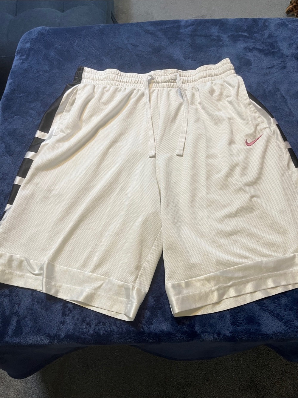 Nike Men’s White Athletic Mesh Shorts with Pink Swoosh and Black Side Panels